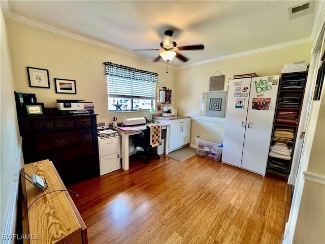 40 Ortona St, Lehigh Acres, FL 33936 - office area with ceiling fan, light wood-type flooring, and crown molding