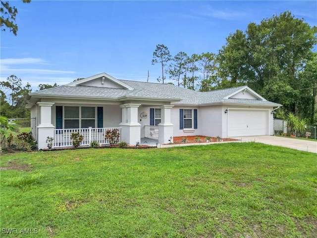 1402 Congress Ave, Lehigh Acres, FL 33972 - ranch-style home with covered porch, stucco siding, concrete driveway, a garage, and a front yard