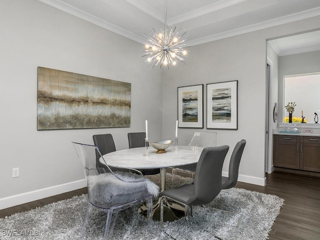 6478 Warwick Ave, Naples, FL 34113 - dining area featuring dark wood-style flooring, a chandelier, baseboards, and ornamental molding
