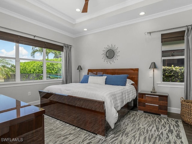 6478 Warwick Ave, Naples, FL 34113 - bedroom featuring wood finished floors, baseboards, recessed lighting, crown molding, and ceiling fan