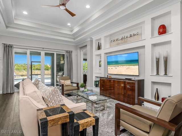 6478 Warwick Ave, Naples, FL 34113 - living area with ceiling fan, built in shelves, french doors, recessed lighting, and wood finished floors