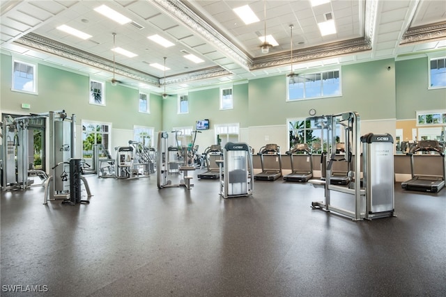 6478 Warwick Ave, Naples, FL 34113 - exercise room with a towering ceiling, a ceiling fan, and ornamental molding