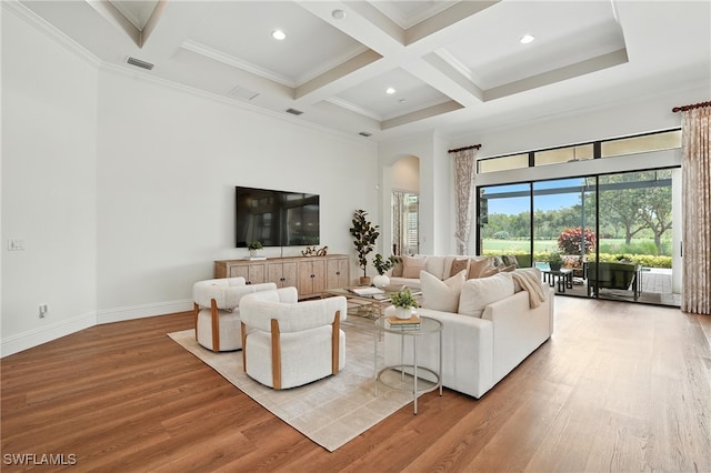 8836 Savona Ct, Naples, FL 34119 - living room with a towering ceiling, wood finished floors, beam ceiling, coffered ceiling, and ornamental molding