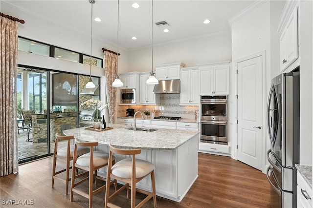 8836 Savona Ct, Naples, FL 34119 - kitchen with appliances with stainless steel finishes, under cabinet range hood, ornamental molding, tasteful backsplash, and white cabinetry