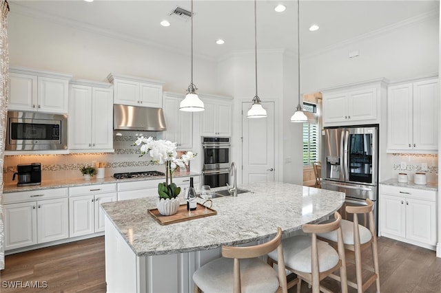 8836 Savona Ct, Naples, FL 34119 - kitchen featuring stainless steel appliances, under cabinet range hood, crown molding, backsplash, and dark wood-style floors