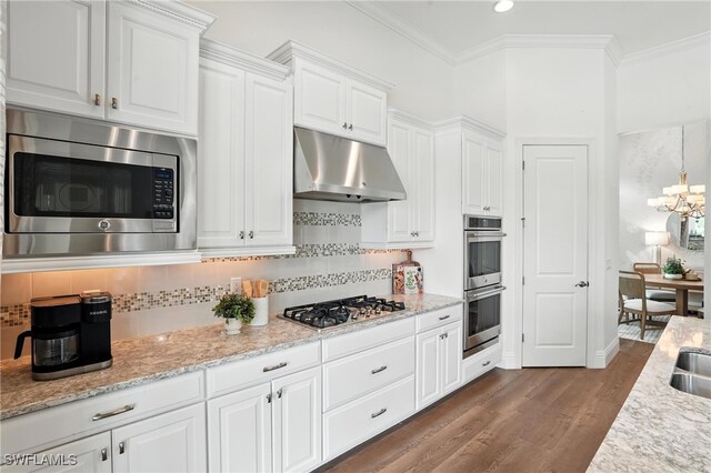 8836 Savona Ct, Naples, FL 34119 - kitchen with appliances with stainless steel finishes, under cabinet range hood, white cabinets, ornamental molding, and backsplash