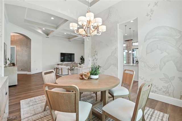 8836 Savona Ct, Naples, FL 34119 - dining area featuring a chandelier, arched walkways, coffered ceiling, wood finished floors, and beamed ceiling