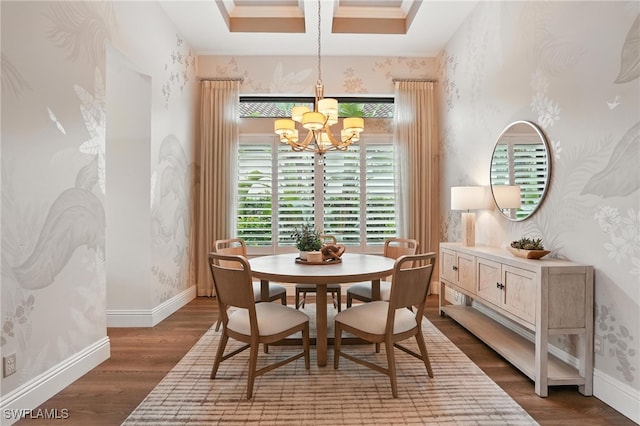 8836 Savona Ct, Naples, FL 34119 - dining room featuring a chandelier, wallpapered walls, plenty of natural light, dark wood-style floors, and coffered ceiling