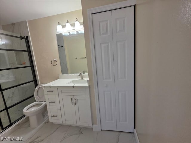 328 Harold Ave S, Lehigh Acres, FL 33973 - full bathroom featuring a closet, marble look tile flooring, a marble finish shower, and vanity