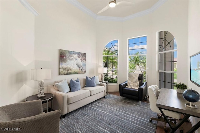 173 Gulfport Ct, Marco Island, FL 34145 - living room featuring crown molding and a ceiling fan