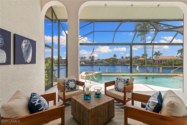173 Gulfport Ct, Marco Island, FL 34145 - view of patio / terrace featuring outdoor lounge area, a lanai, an outdoor pool, and a water view