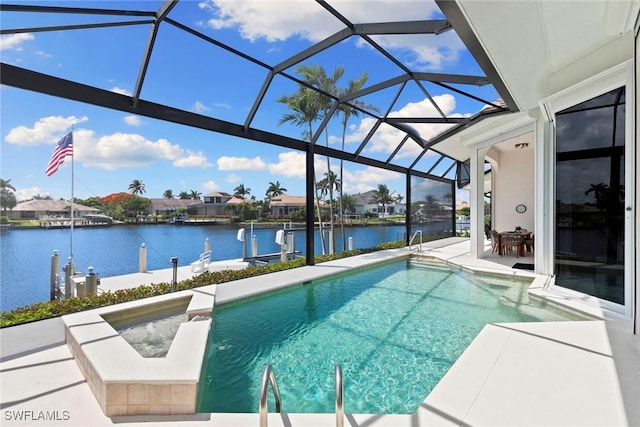 173 Gulfport Ct, Marco Island, FL 34145 - view of swimming pool featuring a dock, boat lift, a water view, a patio area, and glass enclosure
