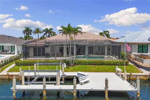 173 Gulfport Ct, Marco Island, FL 34145 - dock with a water view, glass enclosure, and boat lift