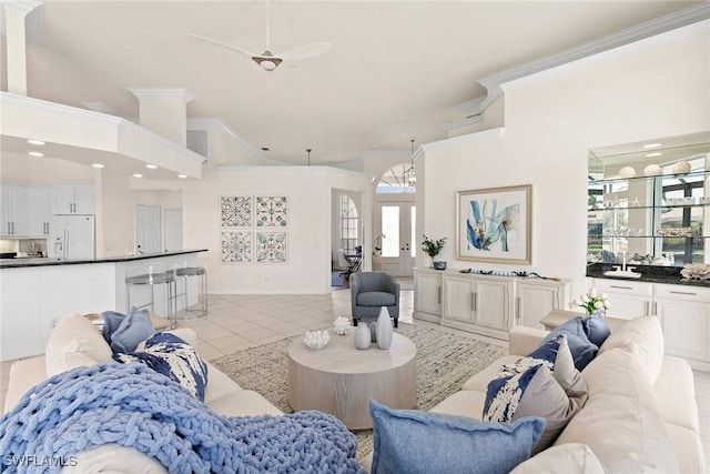 173 Gulfport Ct, Marco Island, FL 34145 - tiled living area featuring high vaulted ceiling, ornamental molding, french doors, and recessed lighting