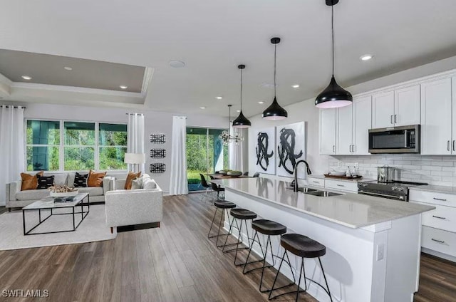 16935 Sage Ter, Punta Gorda, FL 33982 - kitchen featuring appliances with stainless steel finishes, a sink, open floor plan, dark wood-style flooring, and tasteful backsplash