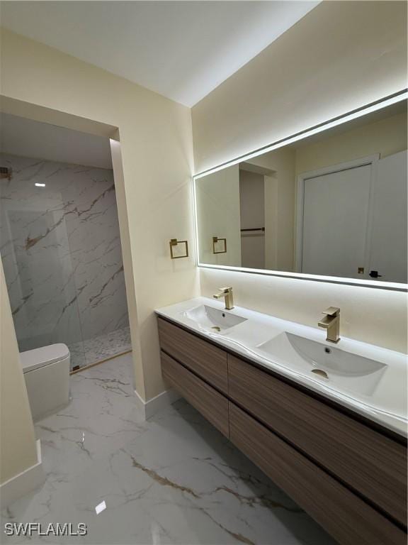 2803 E 5th St, Lehigh Acres, FL 33972 - full bath featuring marble look tiles, a marble finish shower, double vanity, toilet, and baseboards