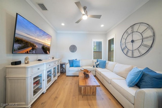 14372 Neptune Ave, Naples, FL 34114 - living room featuring ornamental molding, light wood finished floors, a ceiling fan, and recessed lighting