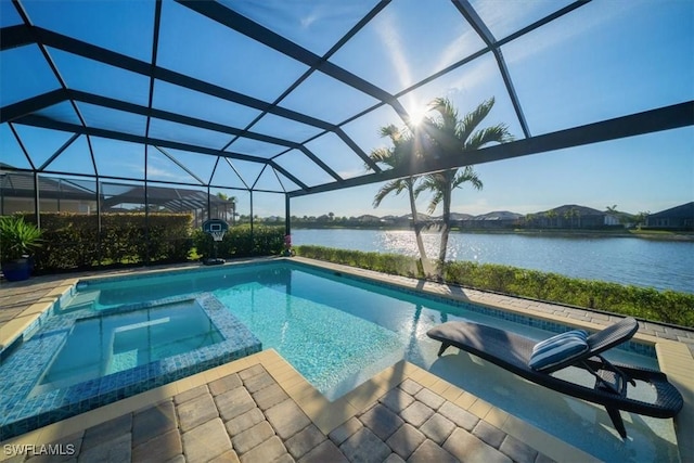 14372 Neptune Ave, Naples, FL 34114 - view of swimming pool with a pool with connected hot tub, a water view, and a lanai