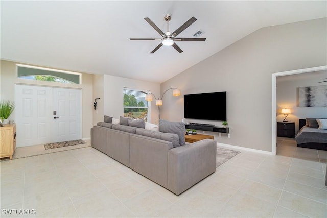 2310 SW 17th St, Cape Coral, FL 33991 - living area featuring a ceiling fan, light tile patterned floors, baseboards, and high vaulted ceiling
