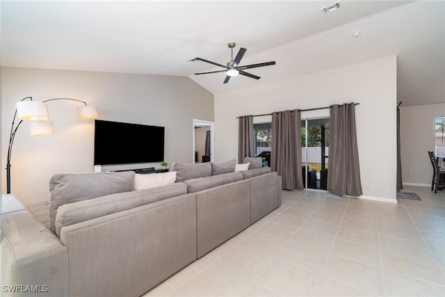 2310 SW 17th St, Cape Coral, FL 33991 - living area featuring vaulted ceiling, a ceiling fan, light tile patterned flooring, and baseboards