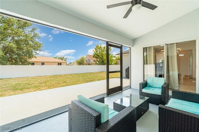 2310 SW 17th St, Cape Coral, FL 33991 - sunroom featuring vaulted ceiling, a ceiling fan, and an outdoor living space