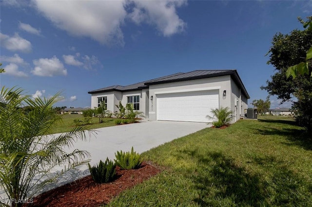 17211 Nile Ct, Punta Gorda, FL 33955 - view of front of property with central air condition unit, a garage, a front yard, stucco siding, and driveway