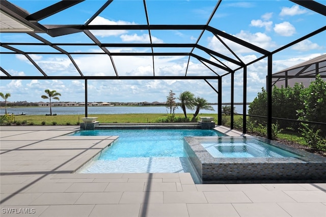 17236 Blue Sapphire Dr, Fort Myers, FL 33913 - view of pool featuring a water view, a patio, a pool with connected hot tub, and glass enclosure