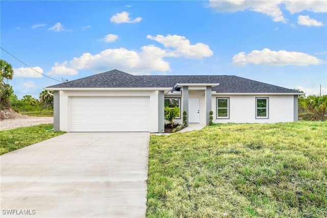 955 Plantation Rd, Lehigh Acres, FL 33974 - view of front of home featuring stucco siding, a front lawn, concrete driveway, a garage, and a shingled roof