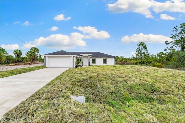 955 Plantation Rd, Lehigh Acres, FL 33974 - ranch-style house featuring an attached garage, driveway, a front lawn, and stucco siding