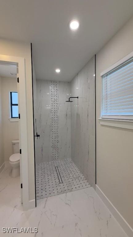 4619 7th St W, Lehigh Acres, FL 33971 - bathroom featuring toilet, a marble finish shower, recessed lighting, baseboards, and marble finish flooring