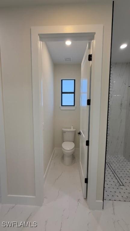 4619 7th St W, Lehigh Acres, FL 33971 - bathroom featuring marble finish floors, baseboards, toilet, a marble finish shower, and recessed lighting