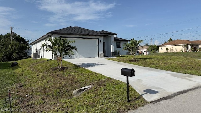 4619 7th St W, Lehigh Acres, FL 33971 - ranch-style house featuring driveway, central air condition unit, a front lawn, an attached garage, and stucco siding