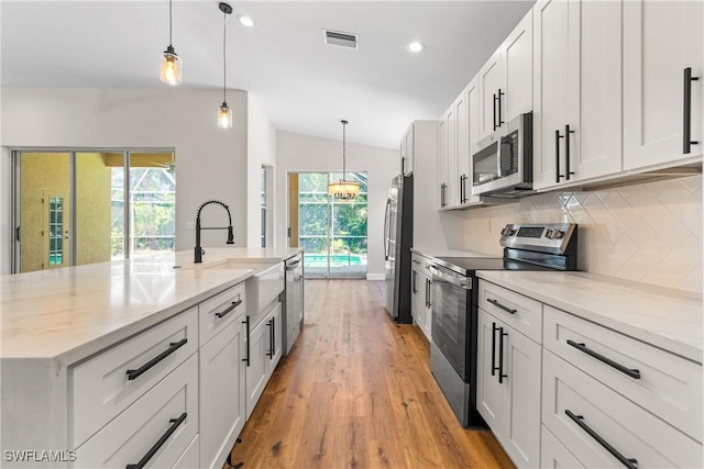 3519 Heron Cove Ct, Bonita Springs, FL 34134 - kitchen featuring stainless steel appliances, a sink, light wood-style floors, backsplash, and a large island