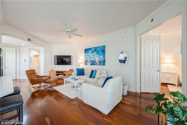 4610 Hawks Nest Dr Unit A104, Naples, FL 34114 - living room featuring dark wood-style floors, a ceiling fan, ornamental molding, and baseboards