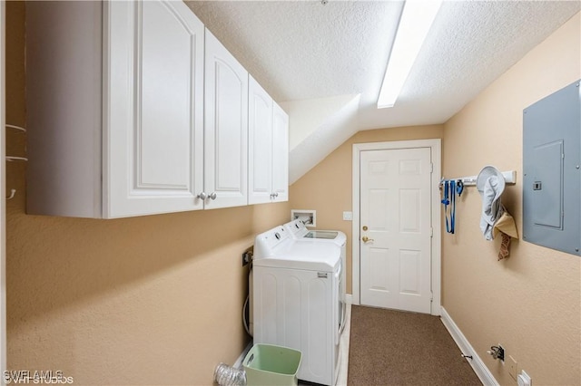 4610 Hawks Nest Dr Unit A104, Naples, FL 34114 - washroom with electric panel, cabinet space, washing machine and clothes dryer, carpet, and a textured ceiling