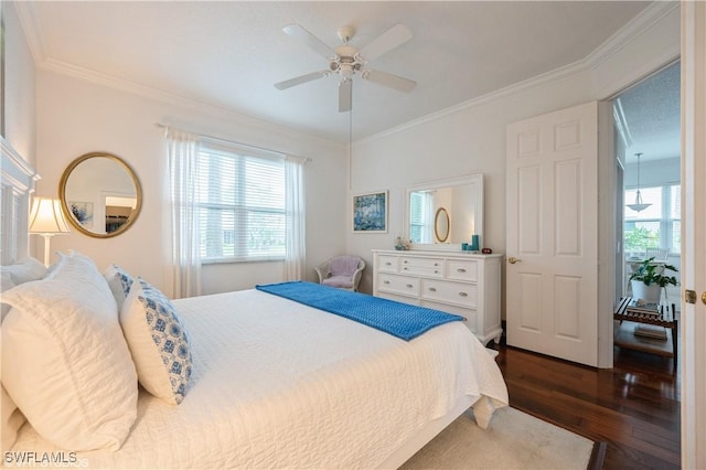 4610 Hawks Nest Dr Unit A104, Naples, FL 34114 - bedroom with dark wood-type flooring, crown molding, and ceiling fan