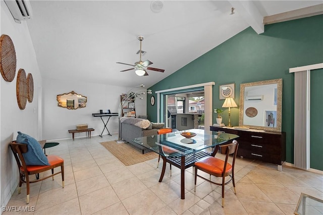 663 110th Ave N, Naples, FL 34108 - dining area featuring a wall unit AC, ceiling fan, light tile patterned flooring, beam ceiling, and high vaulted ceiling