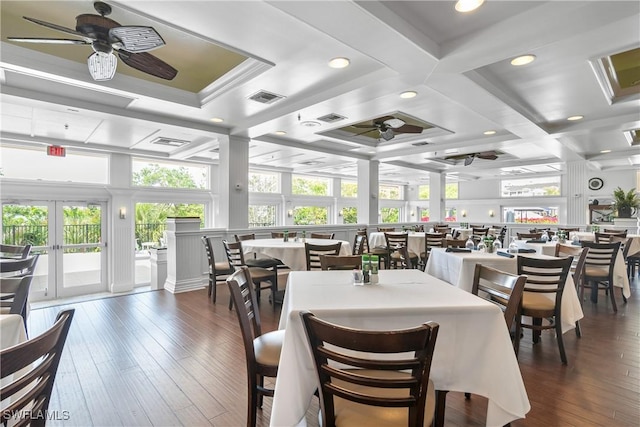 430 Cove Tower Dr Unit 501, Naples, FL 34110 - dining area featuring ceiling fan, coffered ceiling, healthy amount of natural light, dark wood-style floors, and recessed lighting