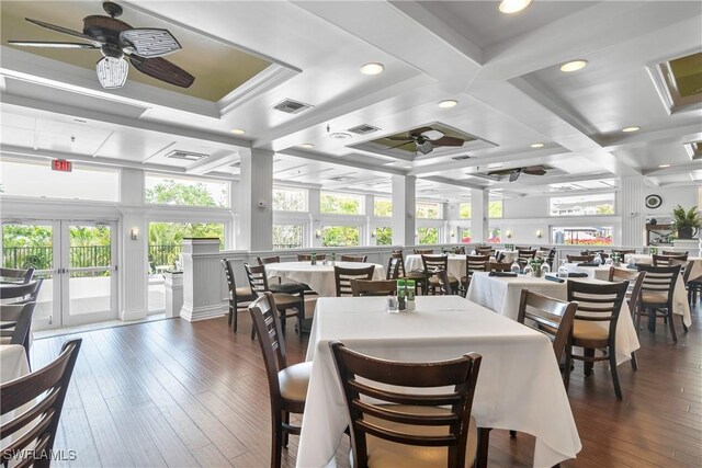 430 Cove Tower Dr Unit 501, Naples, FL 34110 - dining area featuring ceiling fan, coffered ceiling, healthy amount of natural light, dark wood-style flooring, and recessed lighting