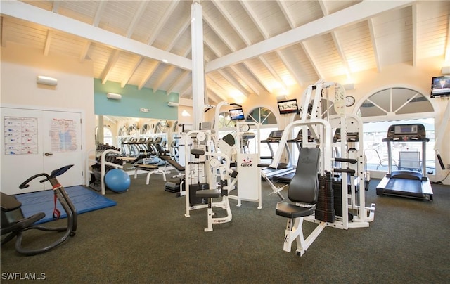 430 Cove Tower Dr Unit 501, Naples, FL 34110 - gym featuring beam ceiling and high vaulted ceiling