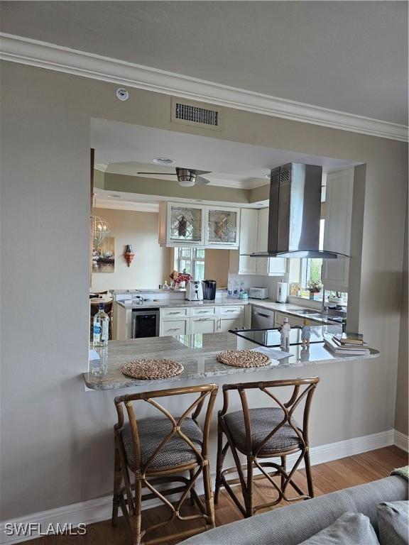 430 Cove Tower Dr Unit 501, Naples, FL 34110 - kitchen with wall chimney range hood, ornamental molding, a sink, plenty of natural light, and a peninsula