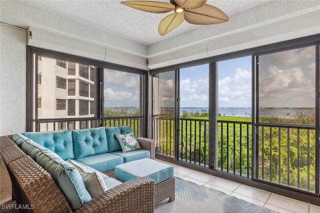 11600 Court Of Palms Unit 201, Fort Myers, FL 33908 - sunroom / solarium featuring an outdoor hangout area, a water view, and ceiling fan