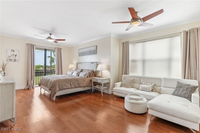 11600 Court Of Palms Unit 201, Fort Myers, FL 33908 - bedroom featuring access to exterior, crown molding, wood finished floors, a ceiling fan, and baseboards