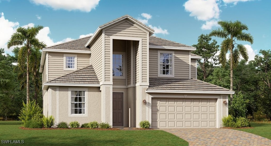 3797 Passion Vine Dr, Alva, FL 33920 - view of front facade with an attached garage, decorative driveway, a front yard, and stucco siding