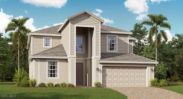 3797 Passion Vine Dr, Alva, FL 33920 - view of front facade with an attached garage, decorative driveway, a front yard, and stucco siding
