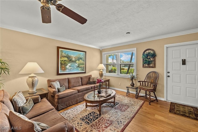 8411 Charter Club Cir Unit 1, Fort Myers, FL 33919 - living room featuring a ceiling fan, light wood-style flooring, ornamental molding, baseboards, and a textured ceiling