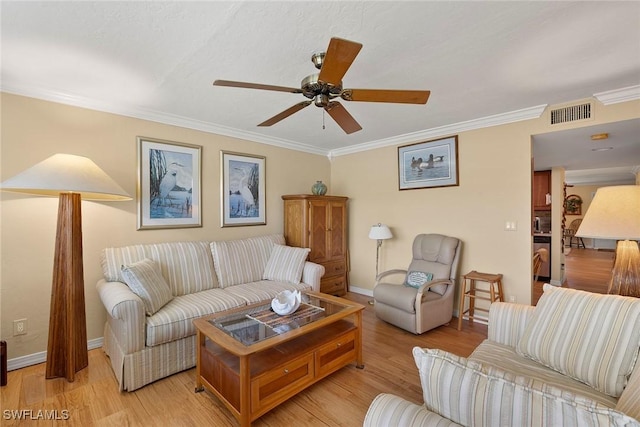 8411 Charter Club Cir Unit 1, Fort Myers, FL 33919 - living area with a ceiling fan, crown molding, light wood-type flooring, and baseboards