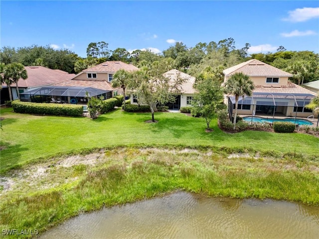 10230 Cobble Hill Rd, Bonita Springs, FL 34135 - view of green lawn featuring glass enclosure, an outdoor pool, and a water view