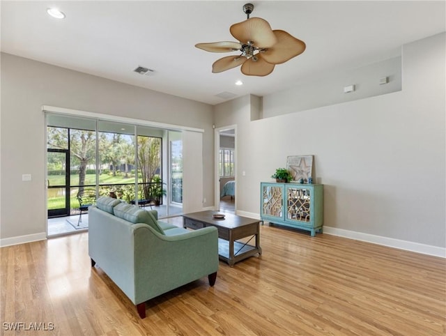 10230 Cobble Hill Rd, Bonita Springs, FL 34135 - living area featuring ceiling fan, light wood-style flooring, baseboards, and recessed lighting
