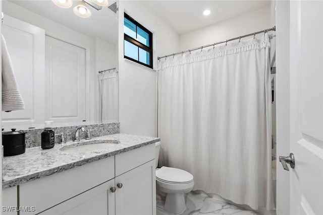 4083 Aspen Chase Dr, Naples, FL 34119 - full bathroom featuring marble look tiles, vanity, toilet, a shower with curtain, and recessed lighting